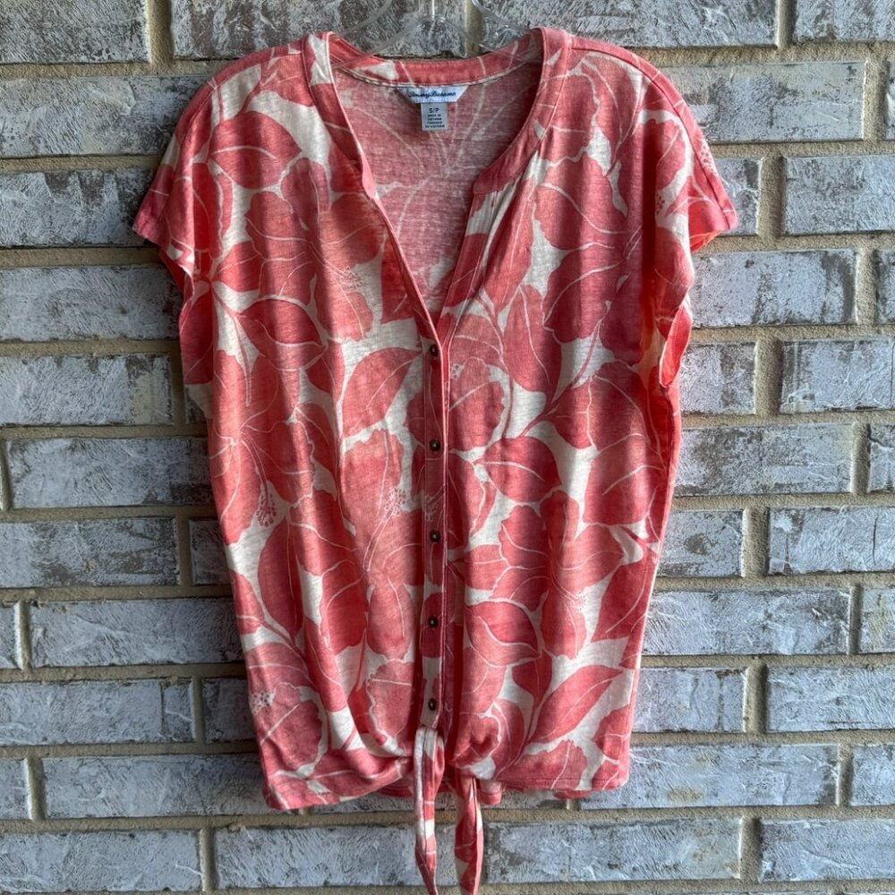 🌺 Tommy Bahama Coral and Cream Button-Down Tie Front Linen Top EUC!